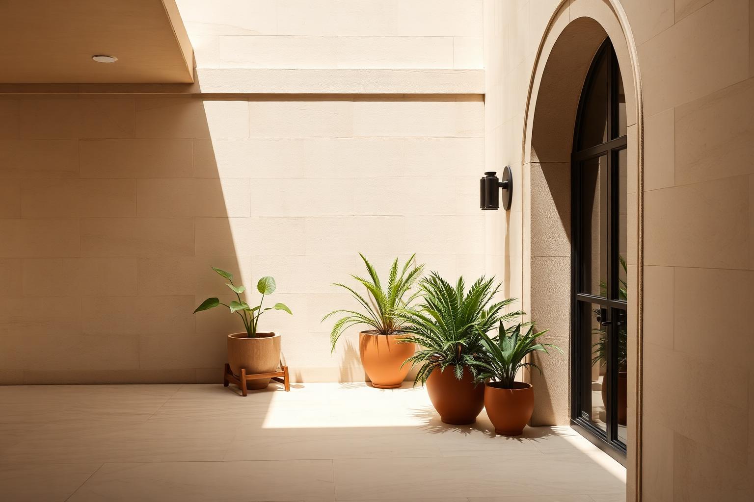Refined Mediterranean courtyard with terracotta planters and natural light