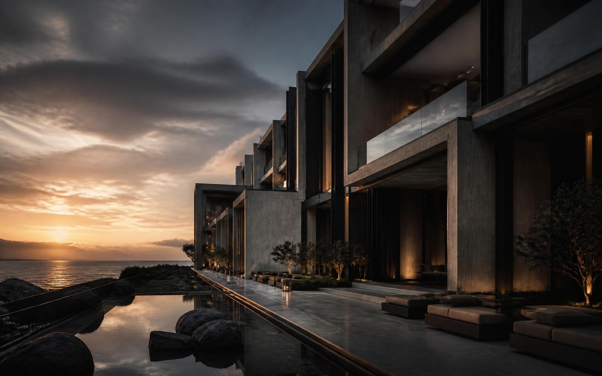 Contemporary resort architecture at dusk overlooking the coast