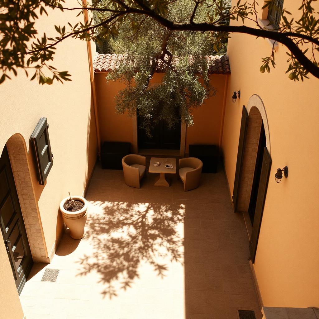 Sunlit courtyard terrace of a Mediterranean villa with olive tree shadows