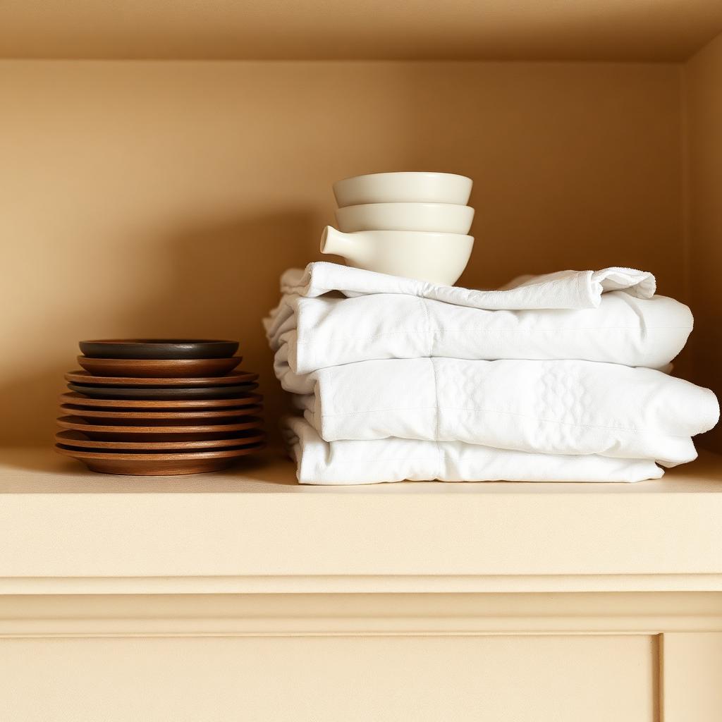 Folded white linens and stacked ceramics on a warm plaster shelf
