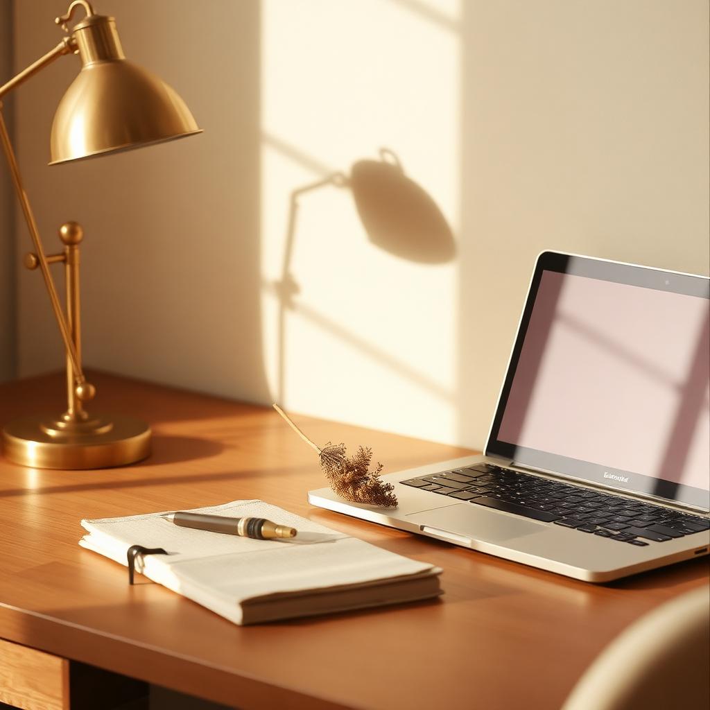 Warm desk detail with a brass lamp, laptop and linen notebook