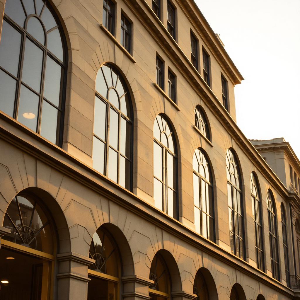 Rhythmic rows of arched windows on a warm limestone facade at golden hour