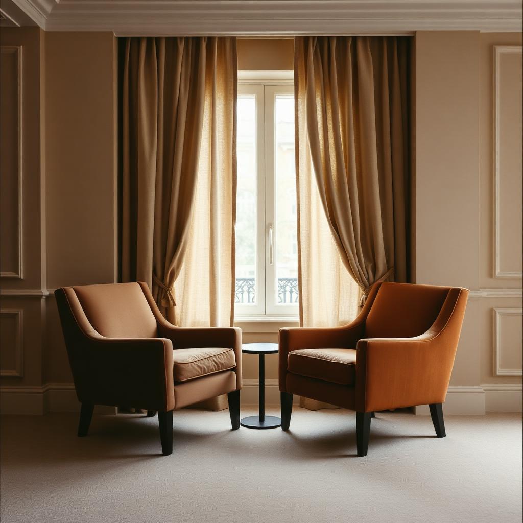 Two armchairs facing each other beside a curtained window